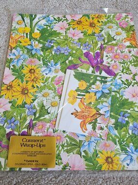 Current Gift Wrap Wildflowers Garden Wrap-Ups 2 Sheets 2 Cards Deberney 1980s